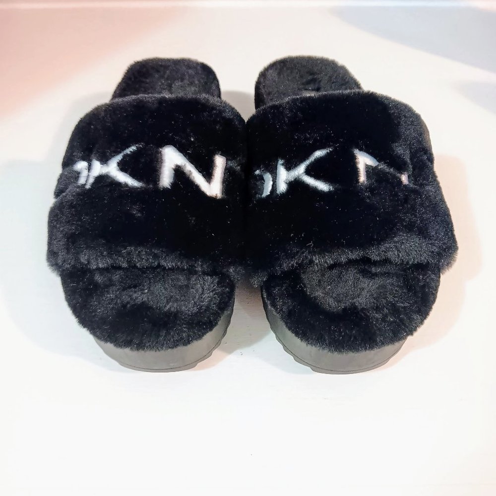 DKNY Black and White Furry Slippers